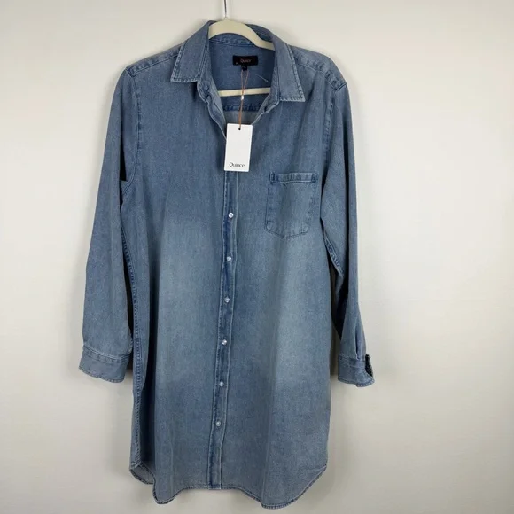 Quince Blue Distressed Denim Shirt Dress Button Front Cotton Utility Core Size L - Picture 2 of 6
